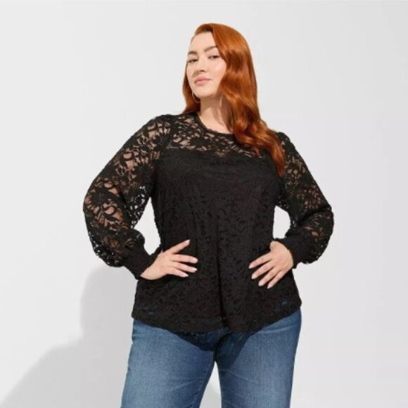 Stretch Lace And Mesh Crew Neck Long Sleeve Top - Picture 1 of 6